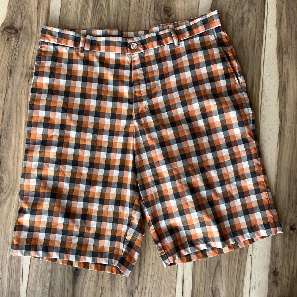 Slazenger Golf Shorts Size 36 Orange Gray White Multicolor Plaid Stretch Mens‎